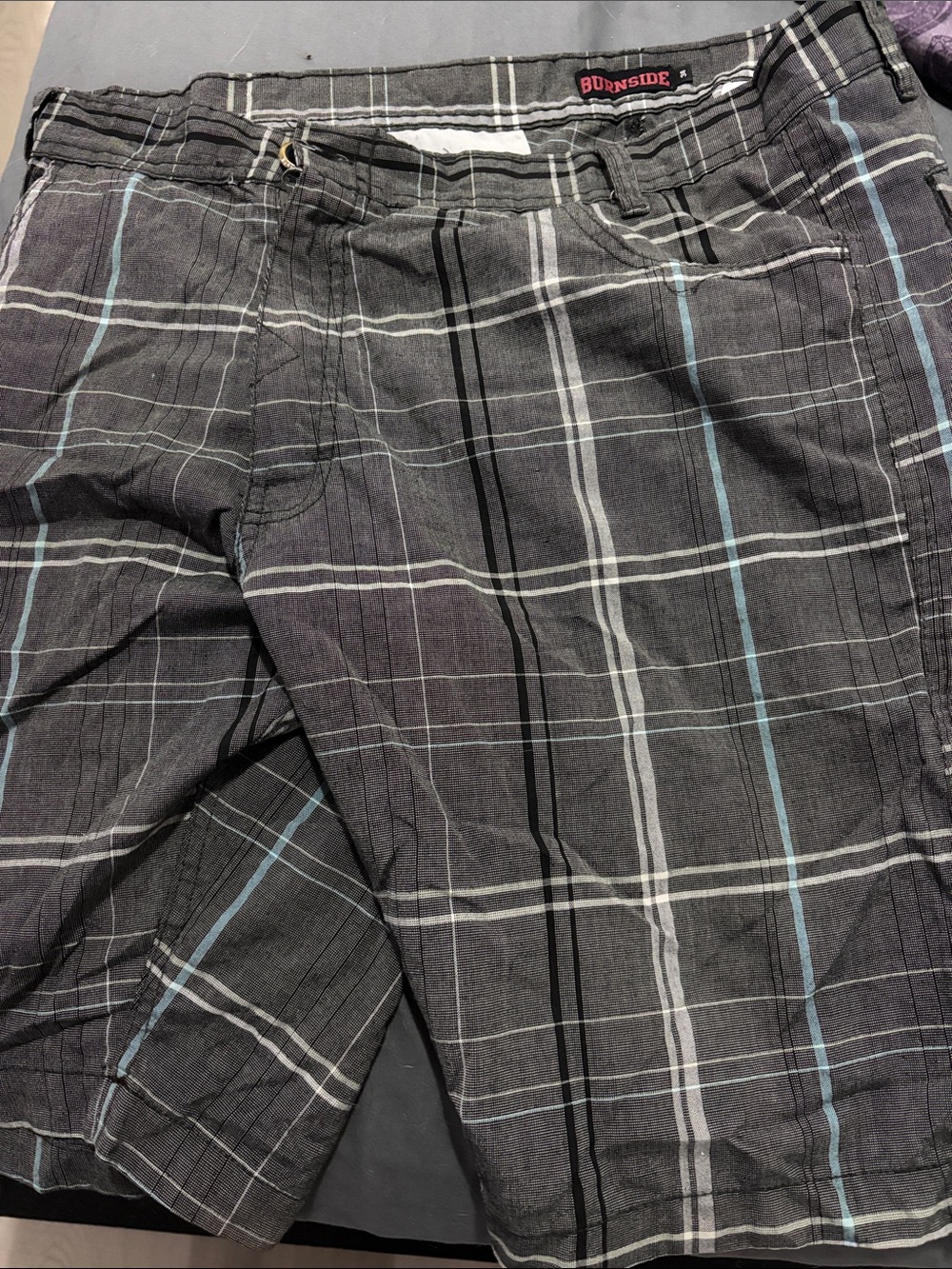 burnside Gray Plaid Men’s Shorts with Blue Accents
